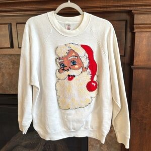 Vintage rare USA made white sweatshirt raised Santa 3D tufted rug graphic XL